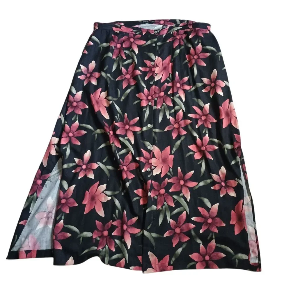 Valerie Stevens Plus Size 22W 100% Silk Black Floral Tropical Midi Button Front
